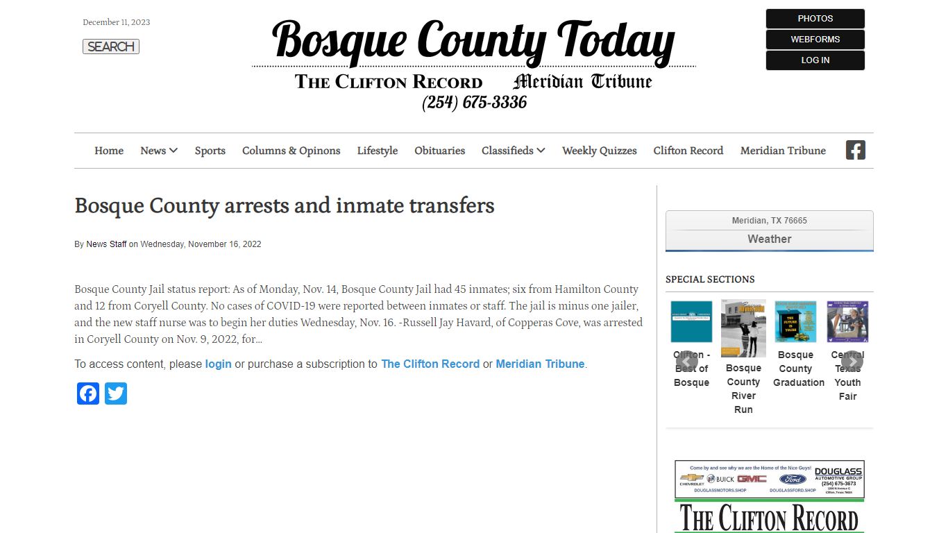 Bosque County arrests and inmate transfers